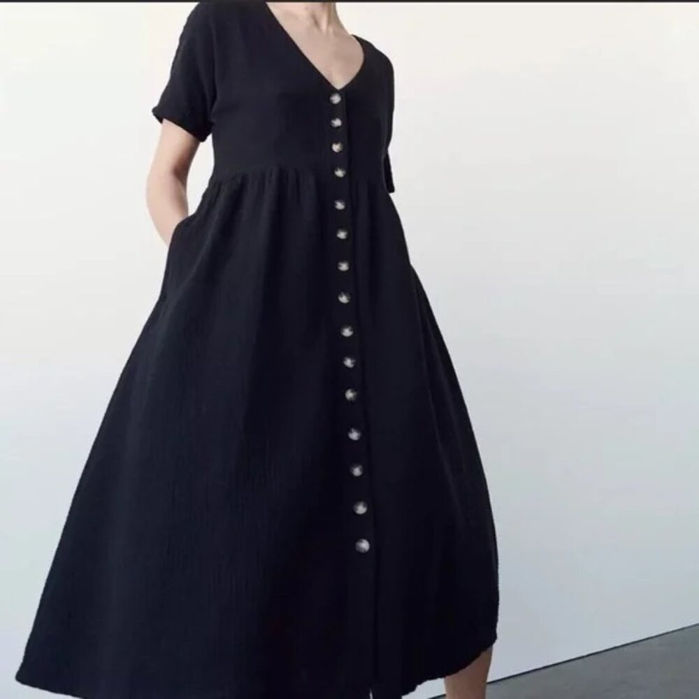 Madewell Nima Double Face Cotton Gauze Button Front Midi Dress - Black sz. S - Picture 2 of 4